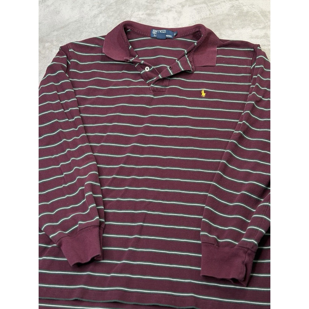 Polo Ralph Lauren Long Sleeve Polo Men XL Burgundy Striped Cotton Pique Vintage